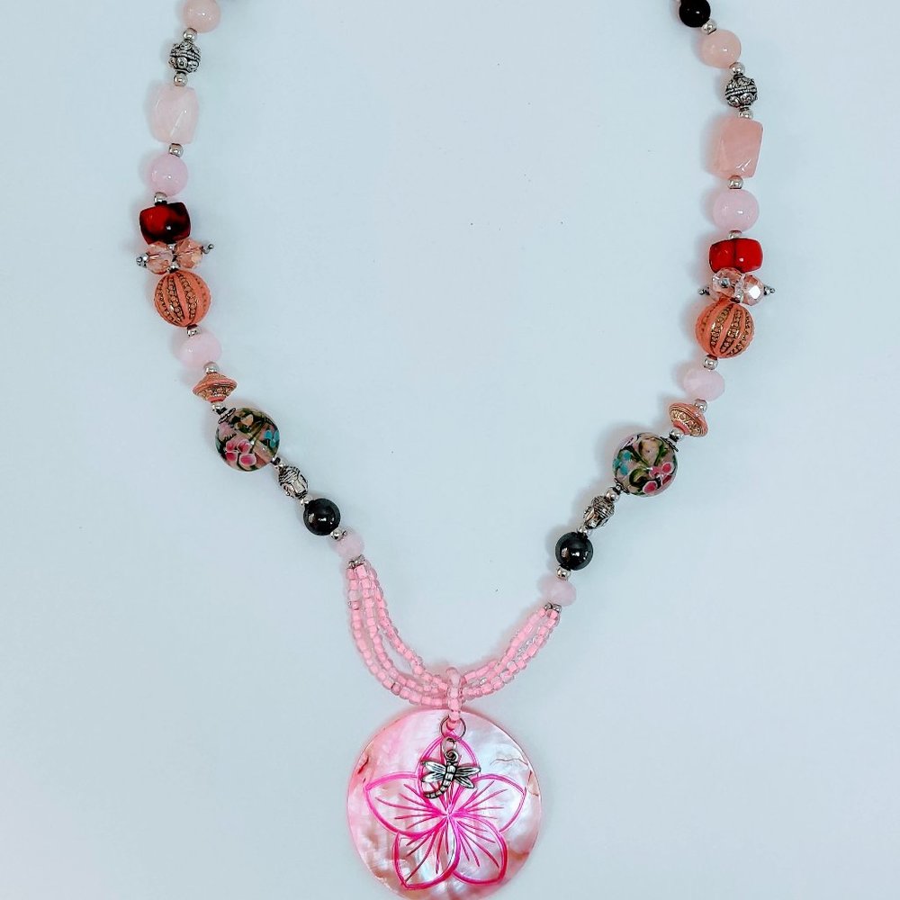 Pink Shell, Multi Gemstone Dragonfly Charm - image 1